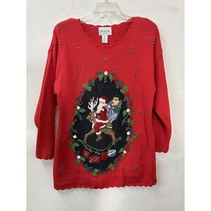 Vintage Christmas‎ Sweater Womens Size M Red Cotton Knit Embroidered Santa Toys